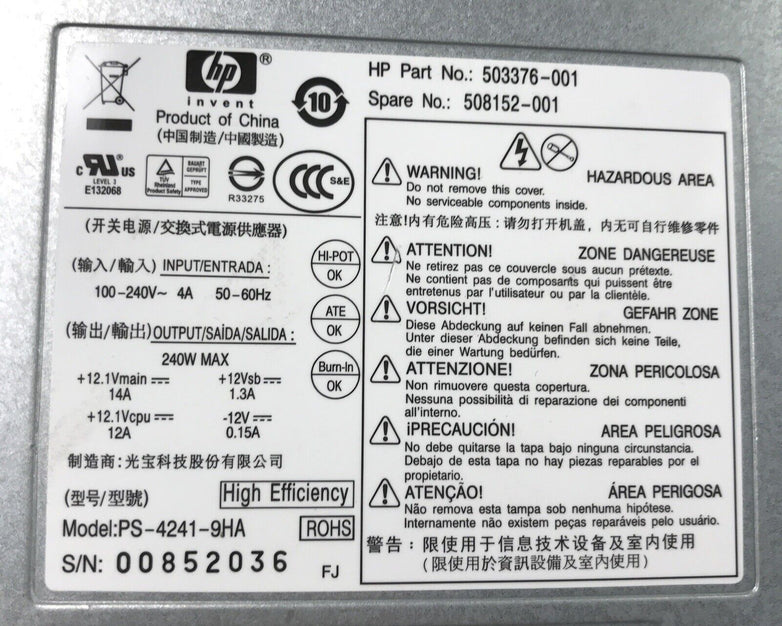 HP 503376-001 60Hz 240V 240W Power Supply (Tested and Working)