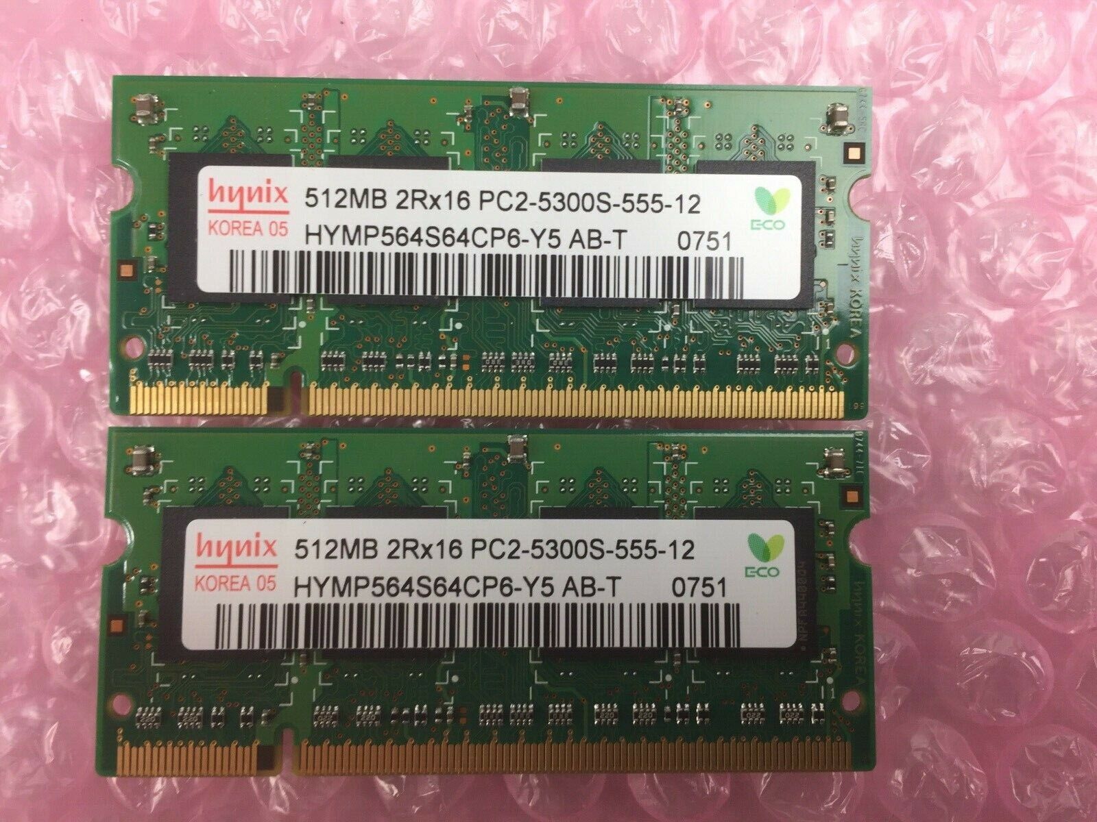 Lot of 2 Hynix 512MB 2Rx16 PC2-5300S-555-12 HYMP564S64CP6-Y5 AB-T 0751