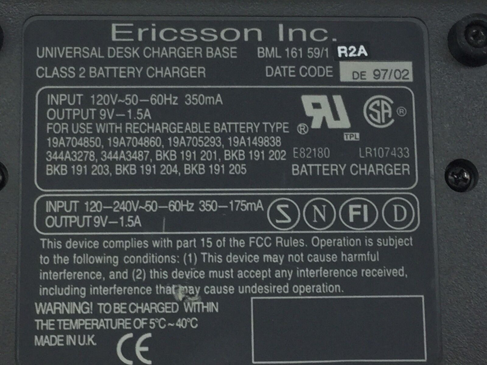 Ericsson Inc Universal Desk Charger Base Class 2  BML 161 59/1 R2A   Lot of 10