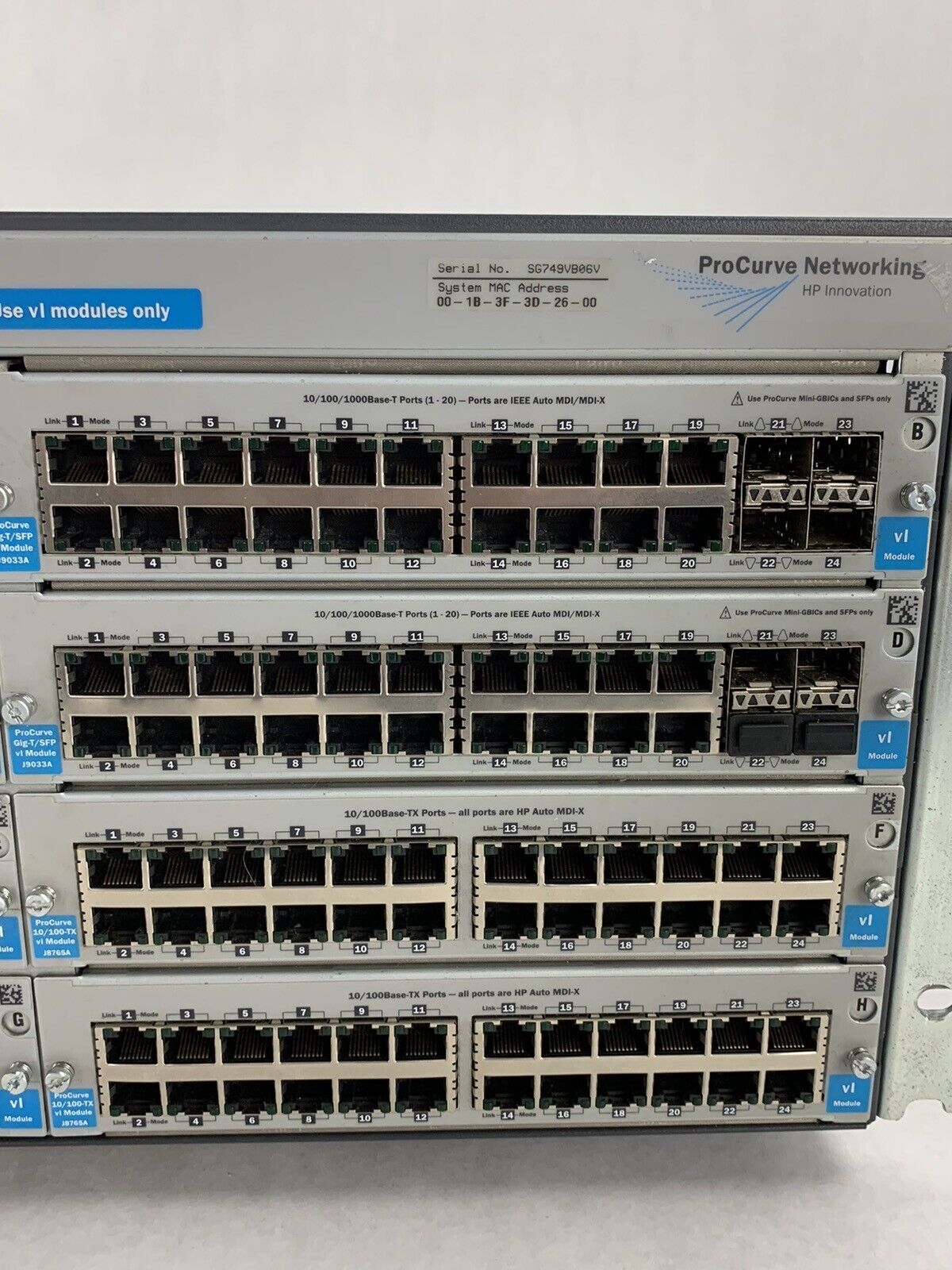 HP ProCurve Network Switch J8773A 4208VL Chassis w/ 6x J8768A and 2x J9033A