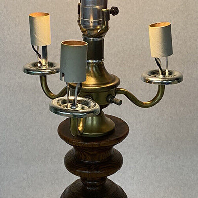 Vintage 1 + 3 Bulb Candelabra Wood Brass Table Lamp 9ft Cord NO SHADE