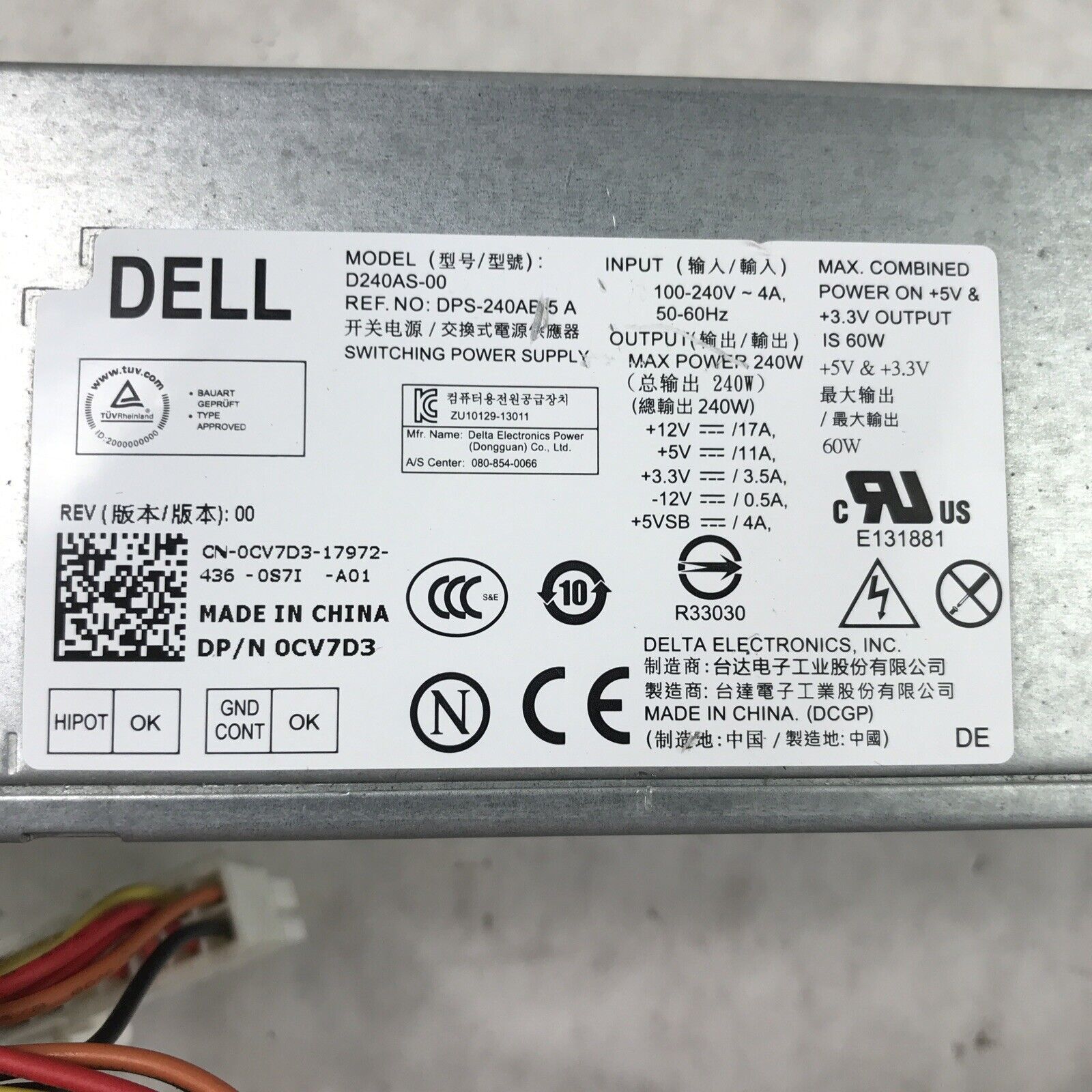 Dell CV7D3 240W 60Hz 240V 17A Switching Power Supply DPS-240AB-5