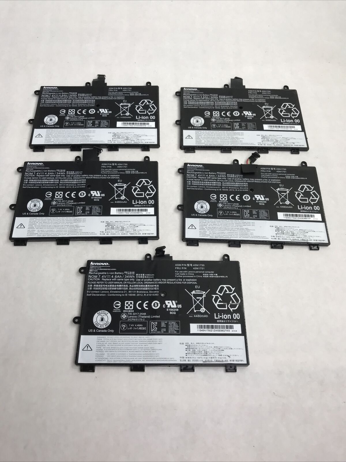 Lenovo ThinkPad Li-Ion Batteries 45N1750 45N1751 (UNTESTED) Lot of (5)