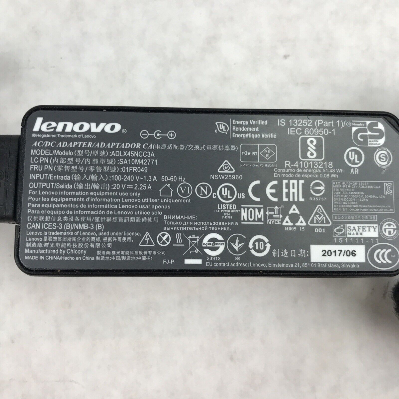 Lenovo ADLX45NCC3A 20V 2.25A 60Hz 01FR049 AC/DC Adapter SA10M42771