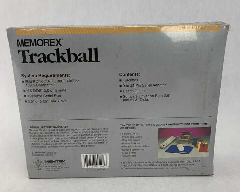 Memorex Trackball Mouse Ergonomic PC Wired Vintage NOS 3202-2313