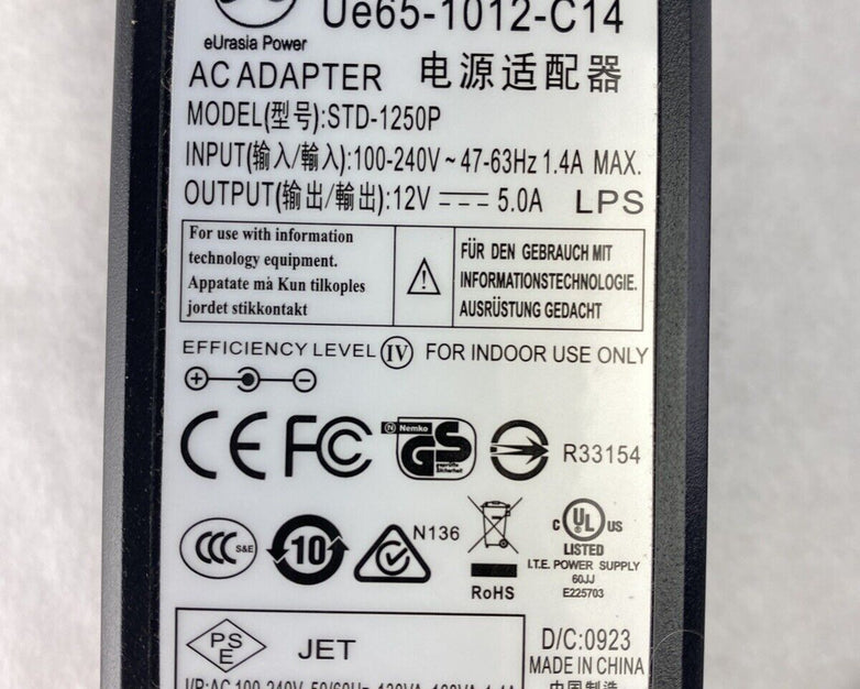 eUrasia STD-1250P 12V 5A AC Adapter 12VDC 12 Volts Charger