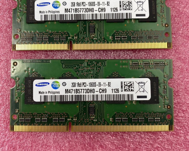2x 2GB Samsung M471B5773DH0-CH9 PC3-10600S DDR3-1333MHz 204pin So-DIMM Memory