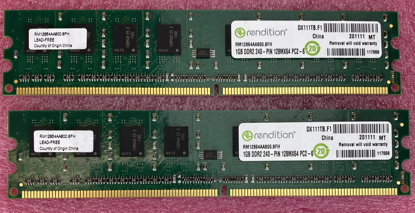 2x 1GB Rendition RM12864AA800.8FH DDR2 240 pin 128Mx64 PC2-6 memory RAM