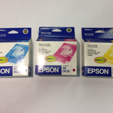 Epson T0442 Cyan, T0443 Magenta, T0444 Yellow (Lot of 3) NEW Factory Sealed