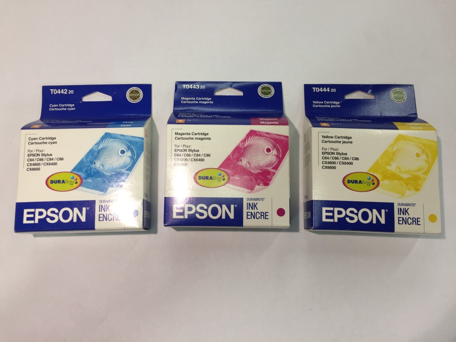Epson T0442 Cyan, T0443 Magenta, T0444 Yellow (Lot of 3) NEW Factory Sealed