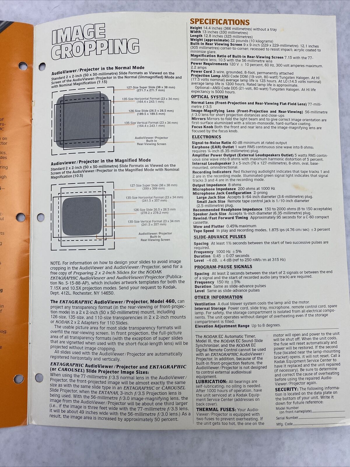 Kodak Ektagraphic 460 Slide Projector Operating Instructions Manual