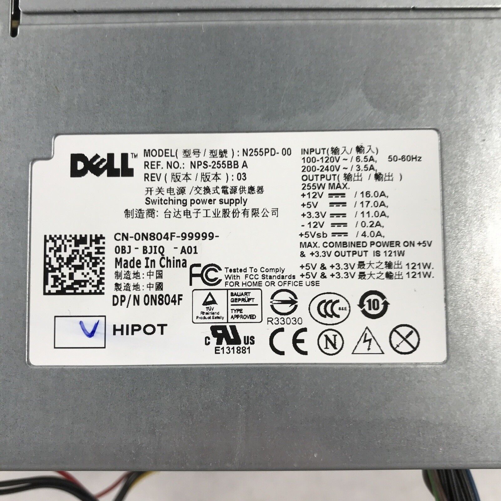Dell N804F 255W Switching Power Supply N255PD-00 240V 6.5A 60Hz 0N804F