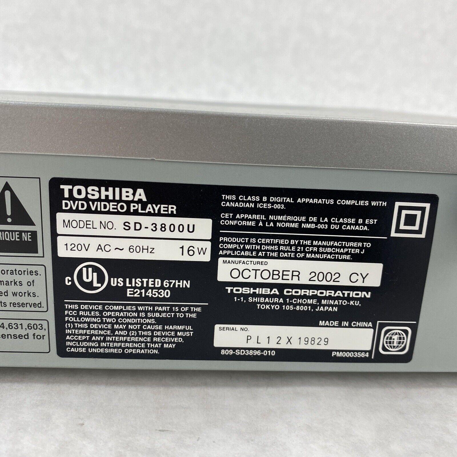 Toshiba SD-3800U DVD Video Player Tested but NO REMOTE