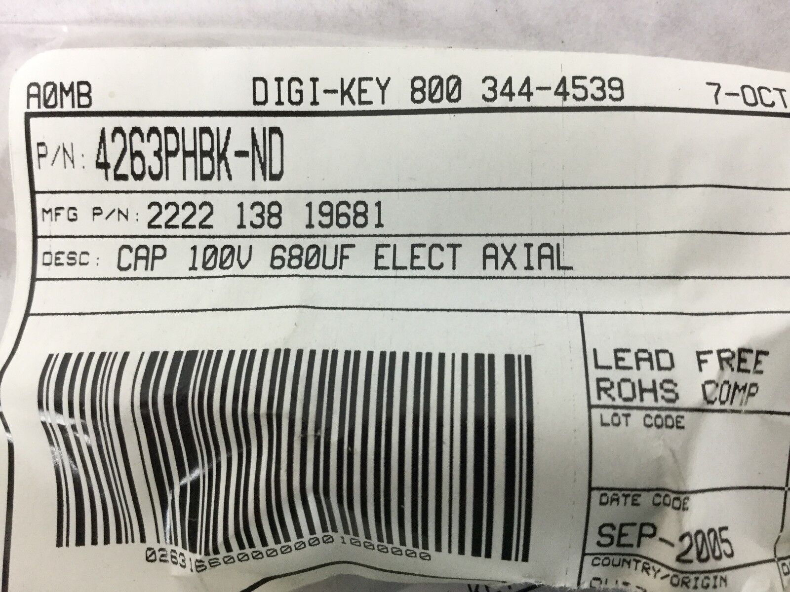 Vishay (2222 138 19681) CAP Alum 100V 68OUF Elect Axial, Lot of 3, NEW
