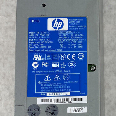 HP 382175-501 Proliant ML350 PS-3701-1C 406413-001 725W Power Supply