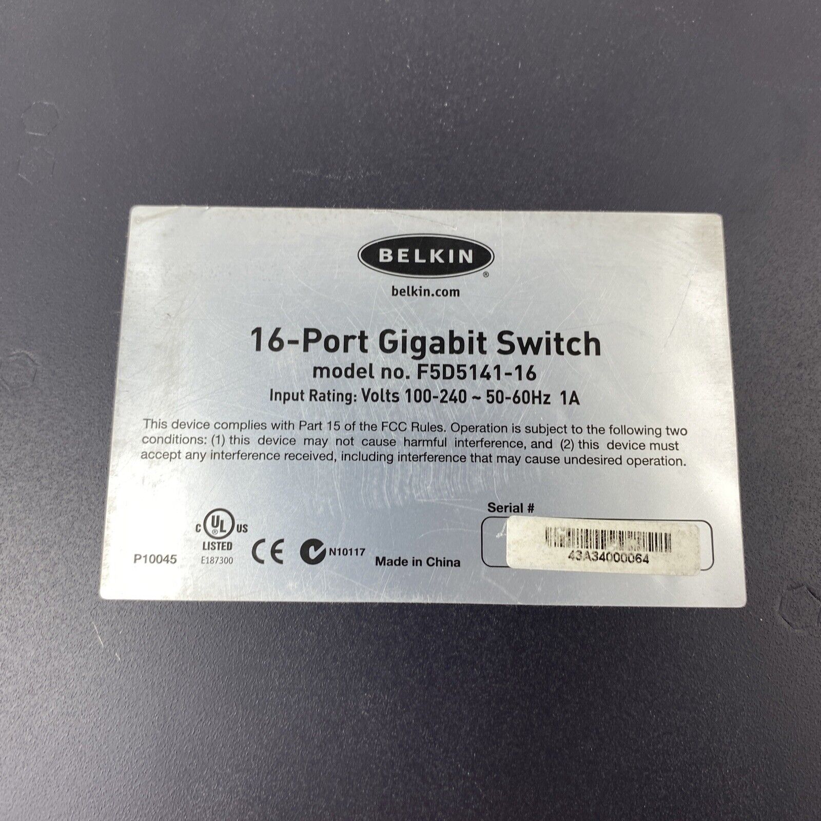 Belkin F5D5141-16 Mountable 16 Port Gigabit Switch w/ Power Cord - Tested
