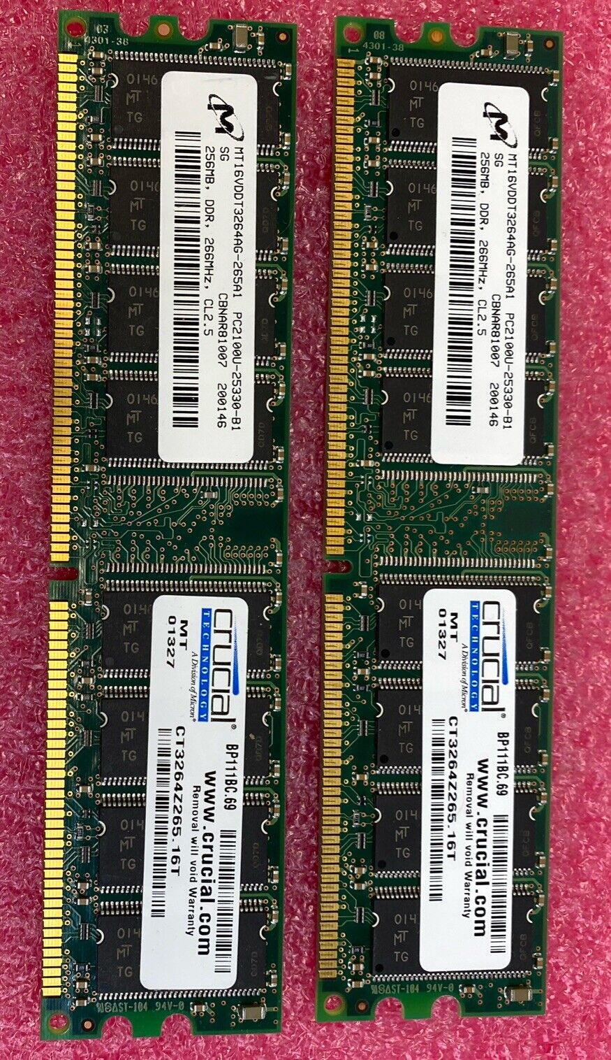2x 256MB Micron MT16VDDT3264AG-265A1 PC2100U DDR 266MHz RAM Memory