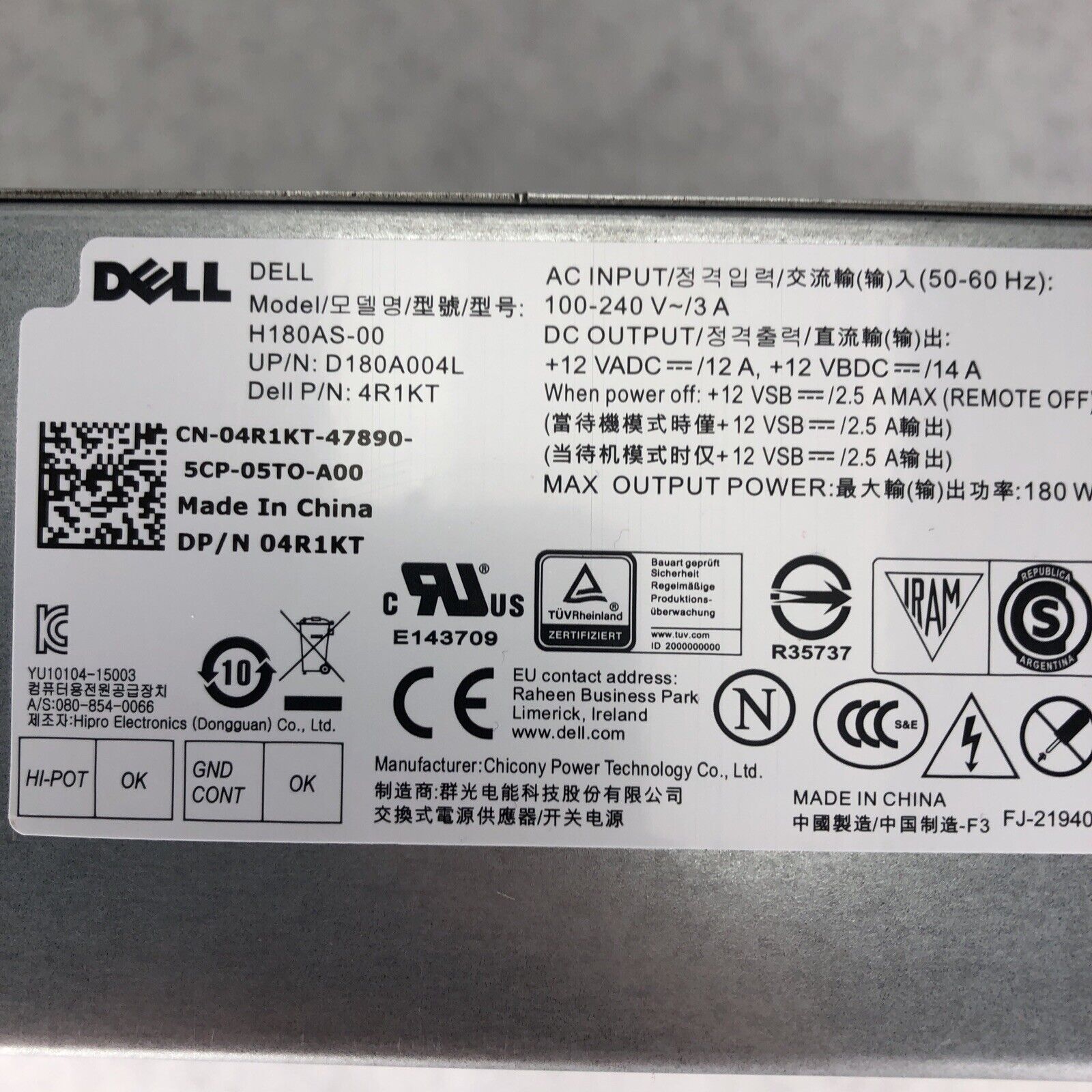 Dell Inspiron 3650 Optiplex 4R1KT 3040 5040 7040 SFF 180W Power Supply H180AS-00