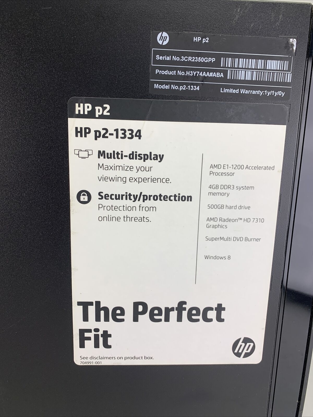 HP P2-1334 MT AMD E1-1200 1.4GHz 4GB RAM No HDD No OS