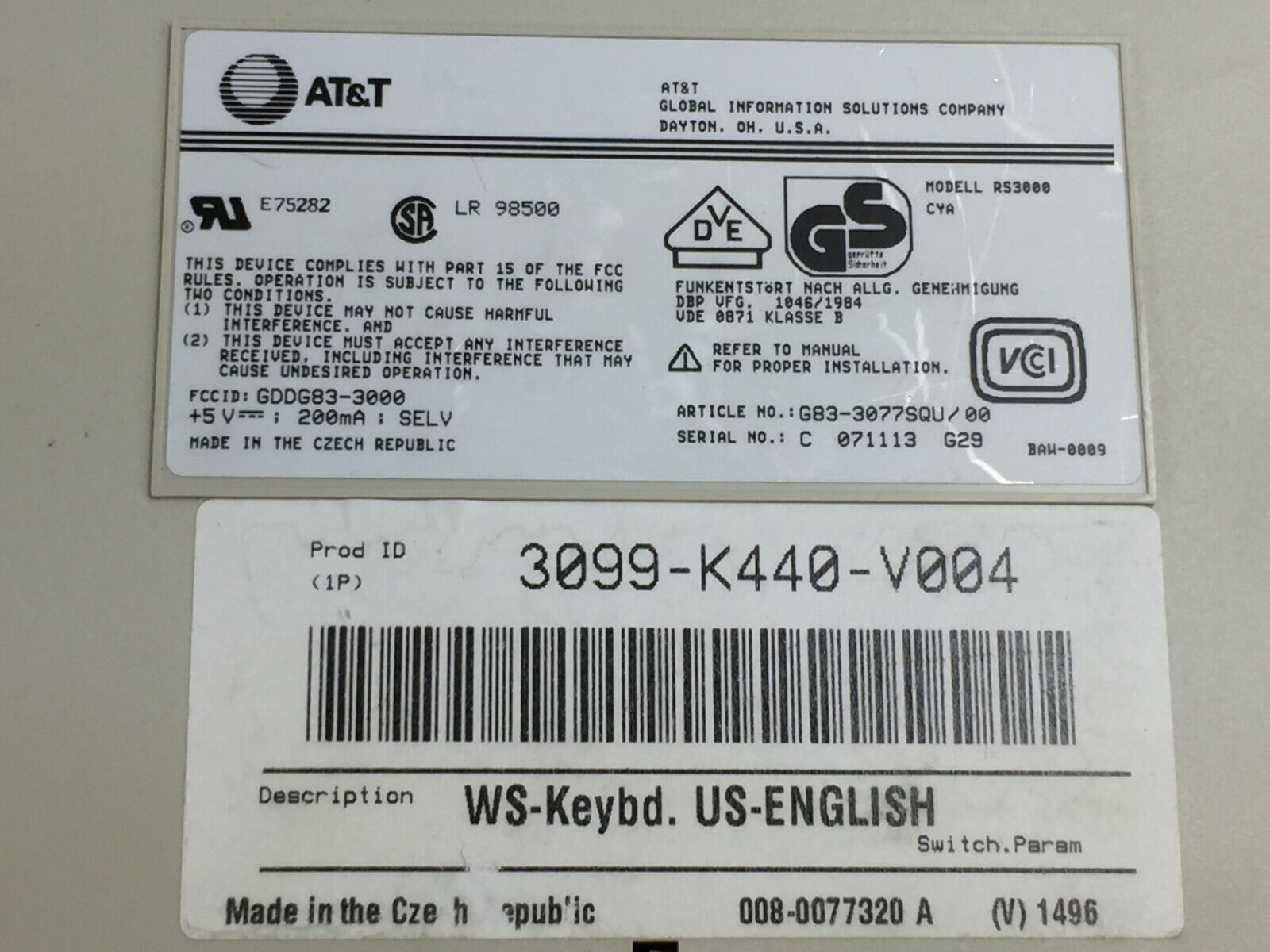 At&t Keyboard 3099-K440-V004 RS3000  Wired  PS/2