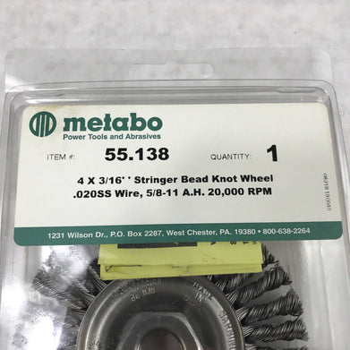 Metabo Stringer 55.138 4x3/16" Stringer Bead Knot Wheel .020SS Wire 5/8-11 20000
