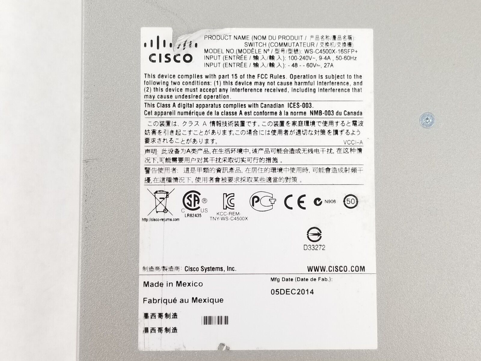 Cisco Catalyst 4500-X WS-C4500X-16SFP+ V03 16-Port 10GB Network Switch 2x 750W