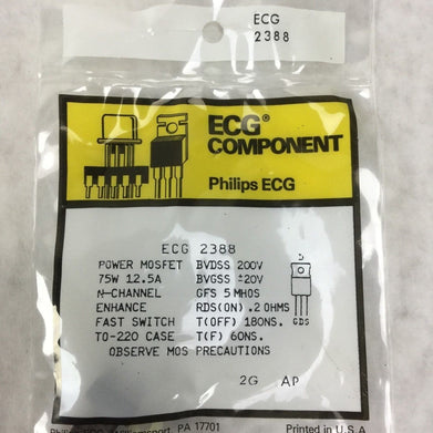 Philips ECG 2388 Transistor, PWR MOSFET, 75W 12.5A, NEW SEALED