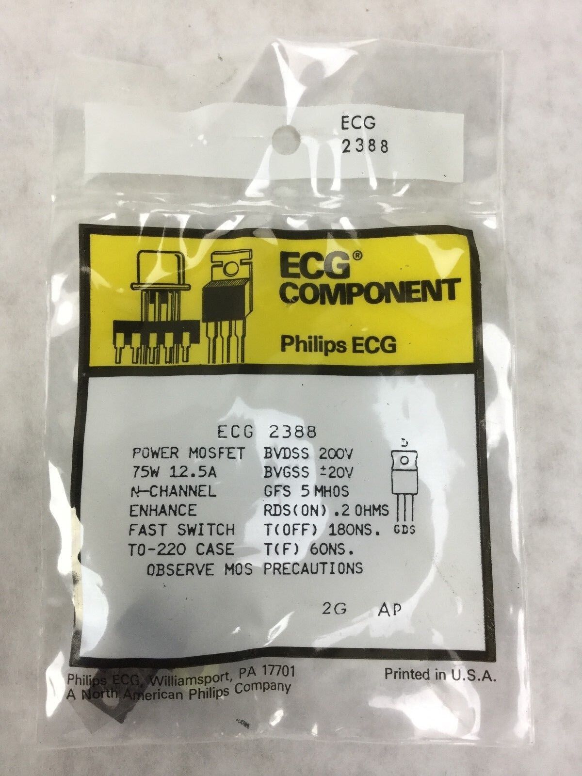 Philips ECG 2388 Transistor, PWR MOSFET, 75W 12.5A, NEW SEALED