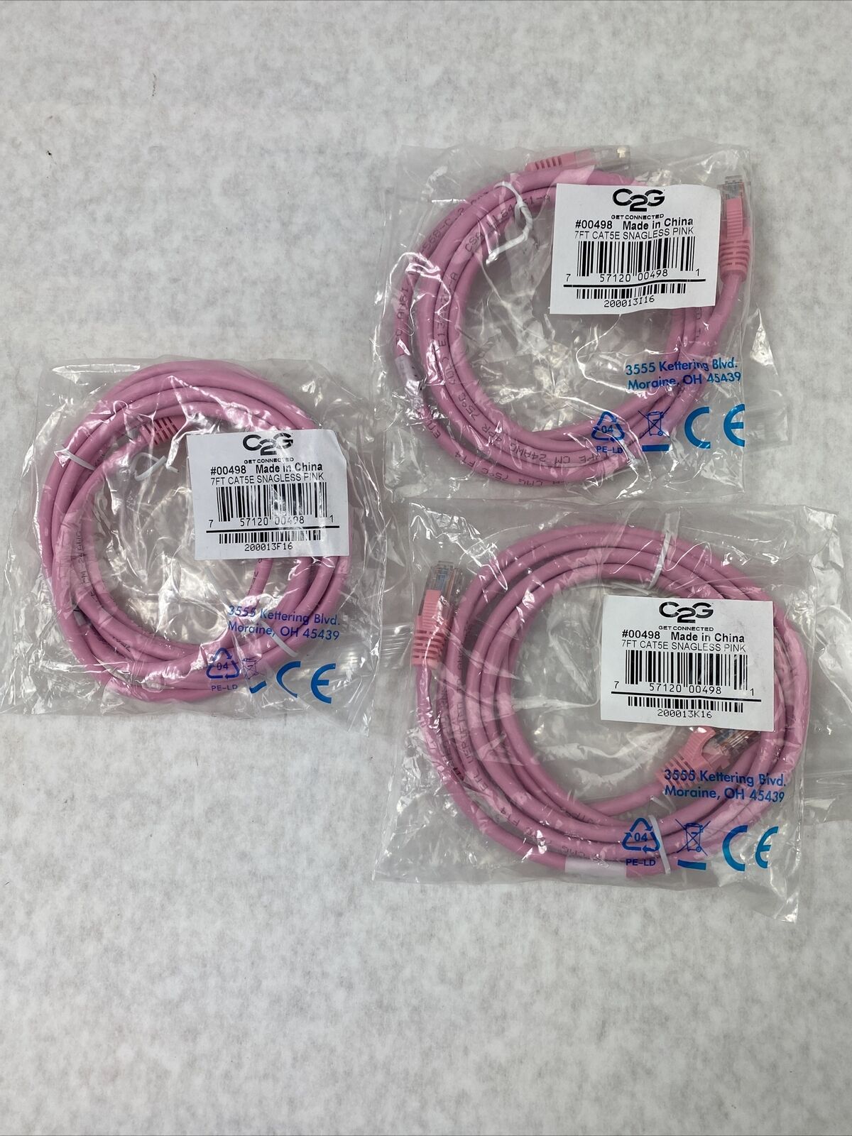 Lot( 3 ) 7ft Pink Cat5e C2G 00498 Snagless Unshielded UTP Ethernet Patch Cable