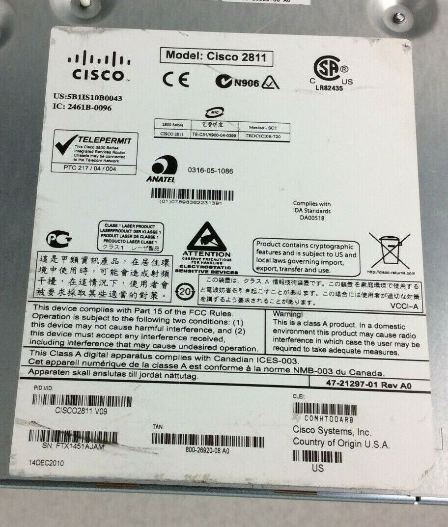 Cisco 2811 2800 Series Integrated Service Router - Tested