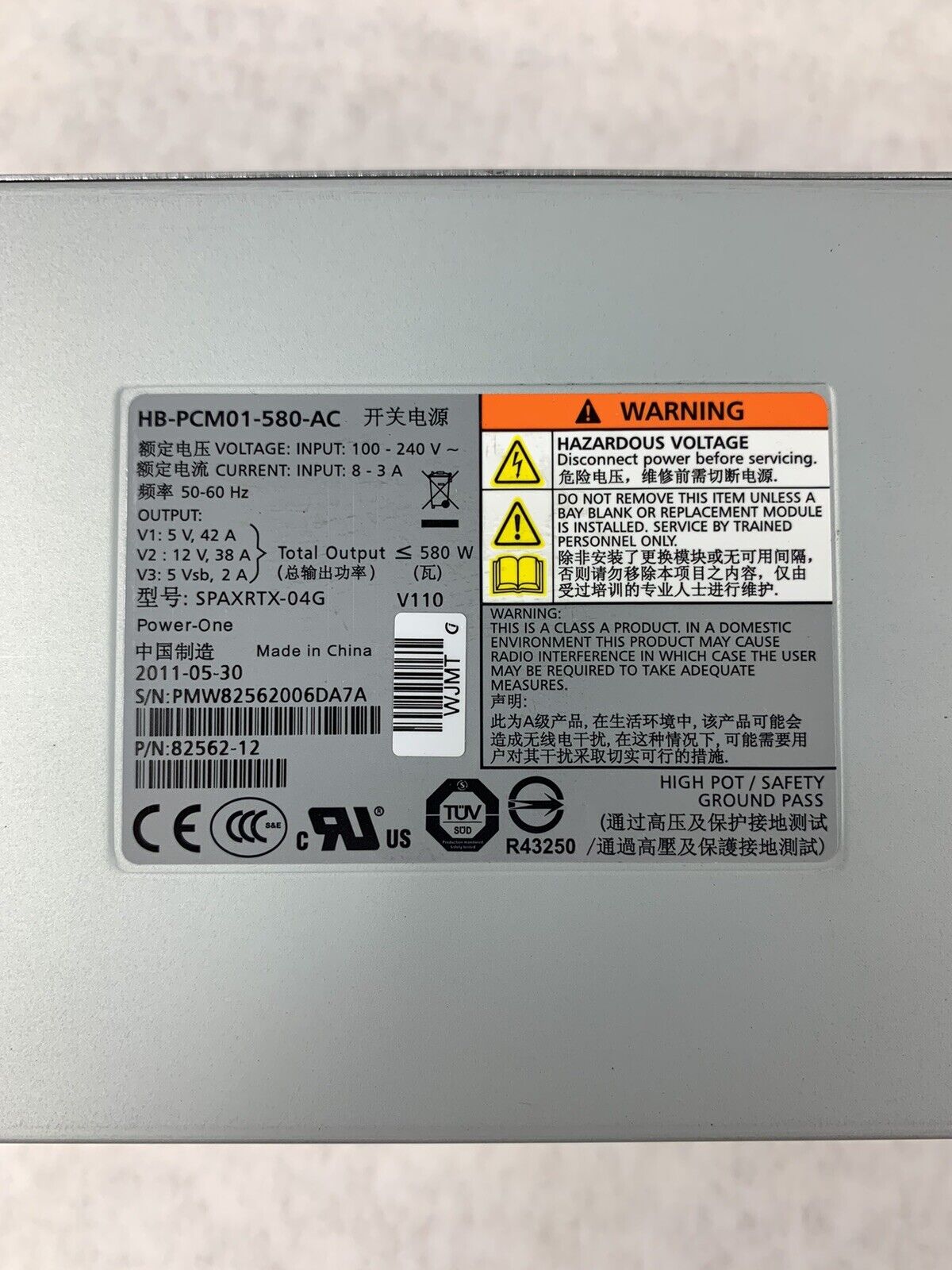 Netapp HB-PCM01-580-AC 580W Power Supply 82562-11