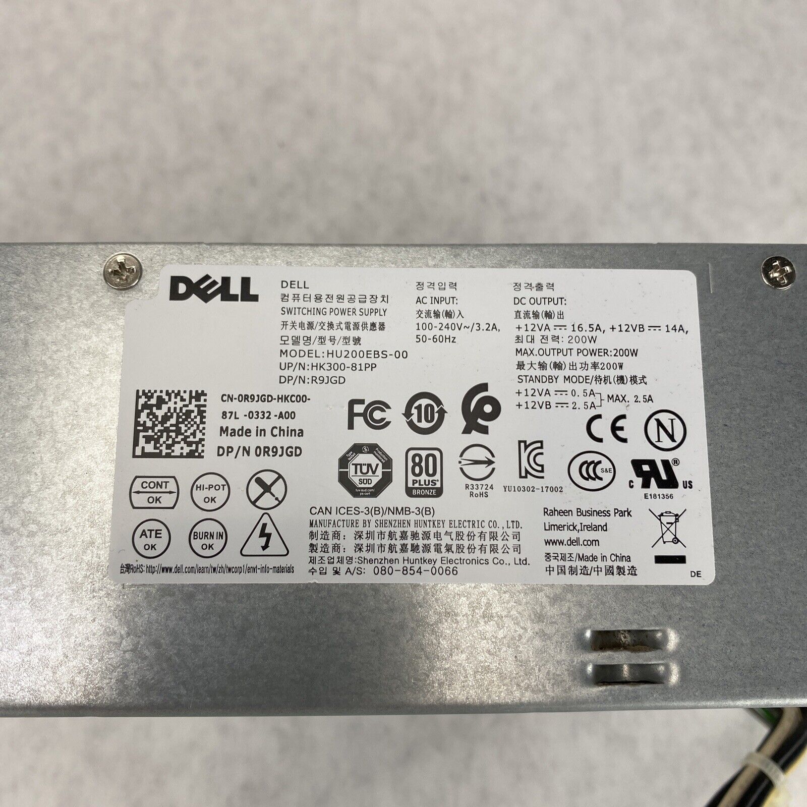 Dell 0R9JGD 200W OEM Desktop Power Supply HU200EBS-00 for Inspiron 3470