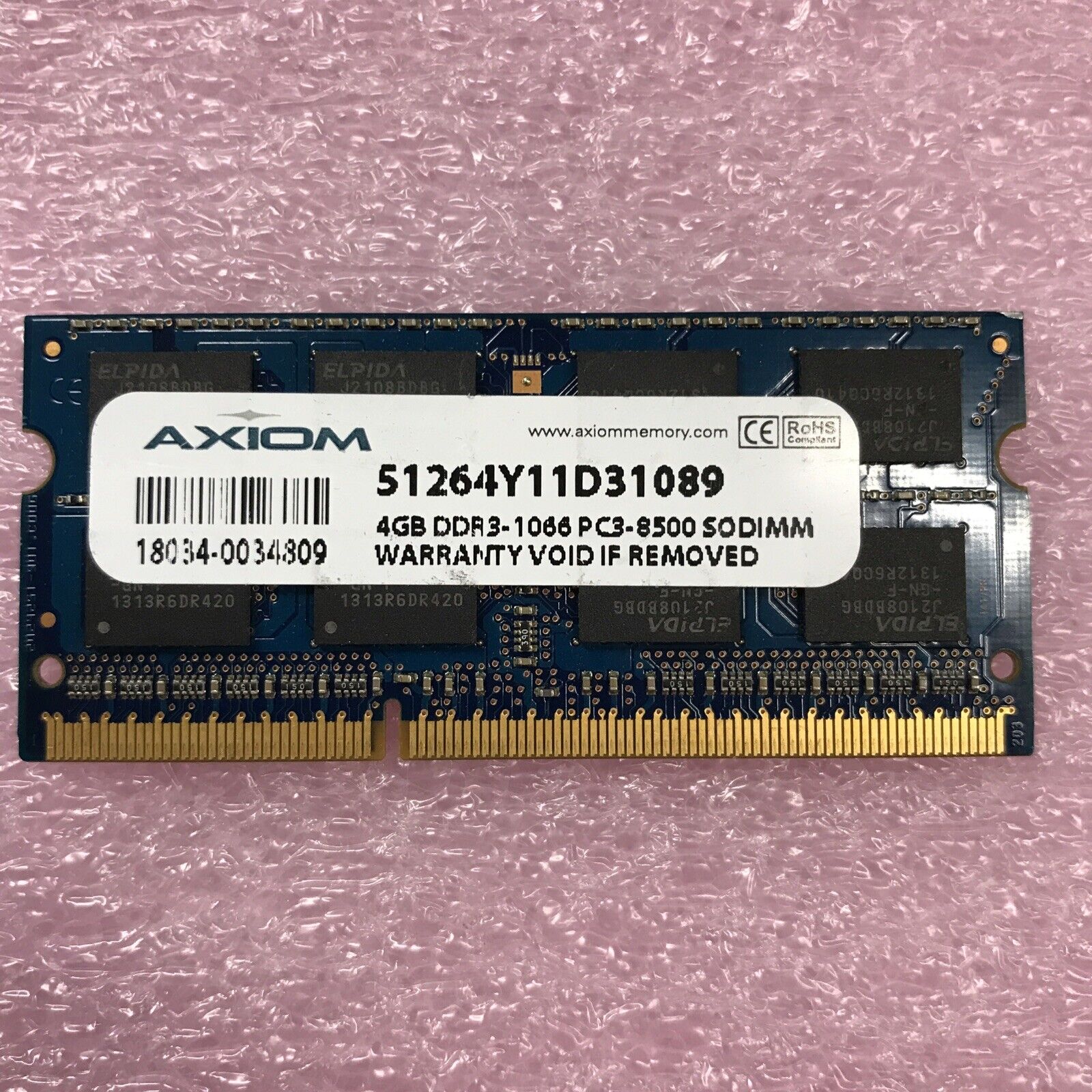 Axiom 4GB DDR3-1066 PC3-8500 SODIIM Laptop Memory 51264Y11D31089
