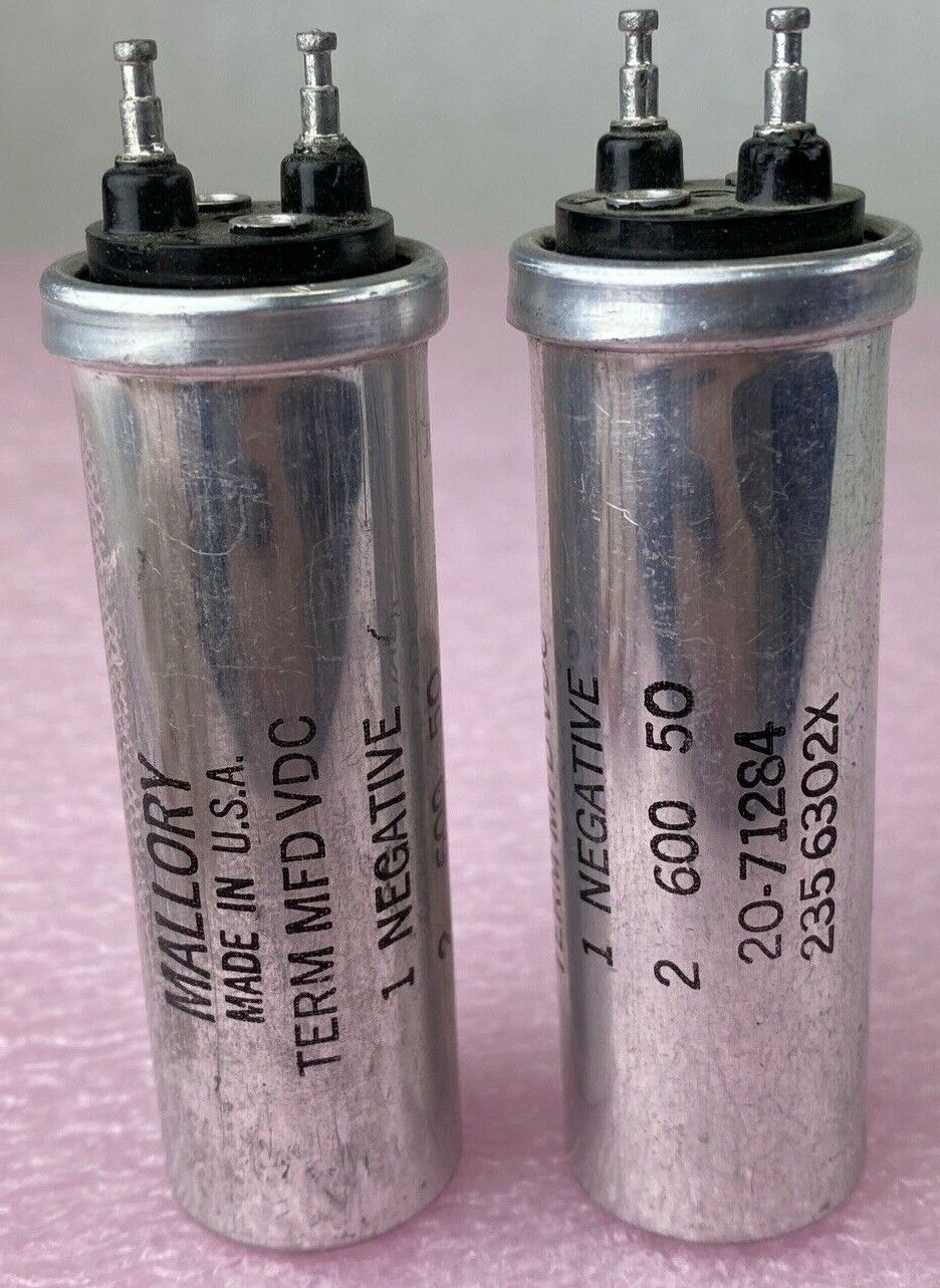 Lot of 2 Mallory 20-71284 600MFD 50VDC electrolytic capacitor 2356302X