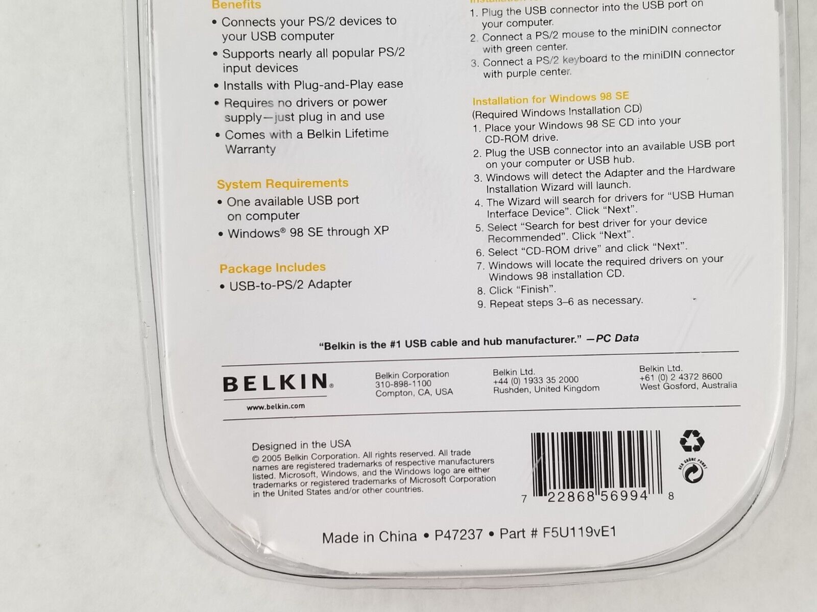 Belkin USB-to-PS/2 Adapter Connect PS/2 Mouse & Keyboard through USB NEW SEALED