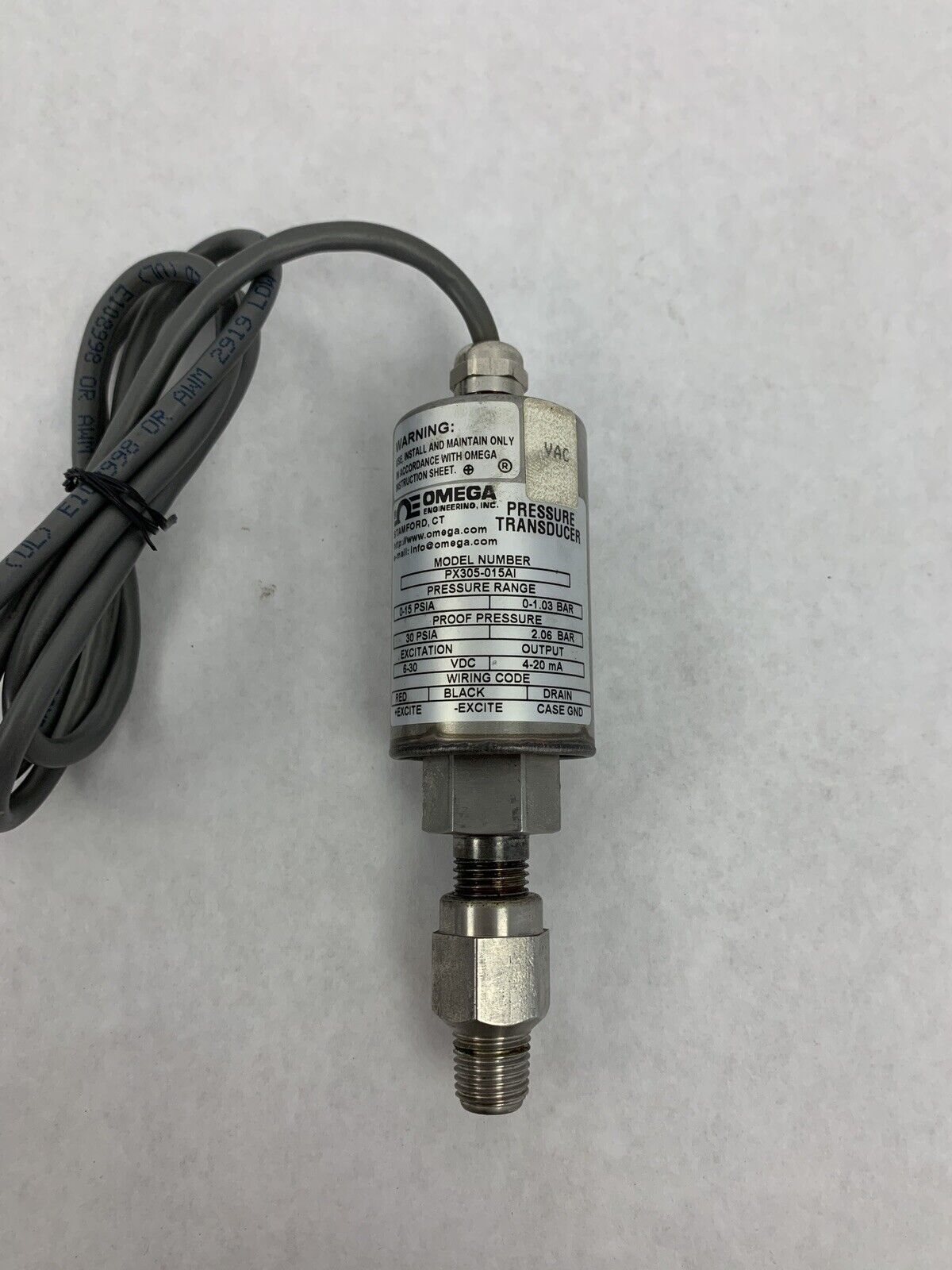 Omega Pressure Transducer PX305-015AI 0-15 PSIA 0-1.03 BAR 12-30VDC  Untested
