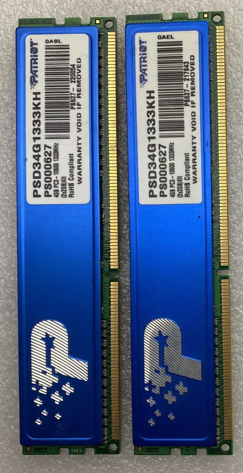 Lot of ( 2 )x 2GB Patriot PSD34G1333KH PC3-10600 1333MHz DDR3 Desktop RAM