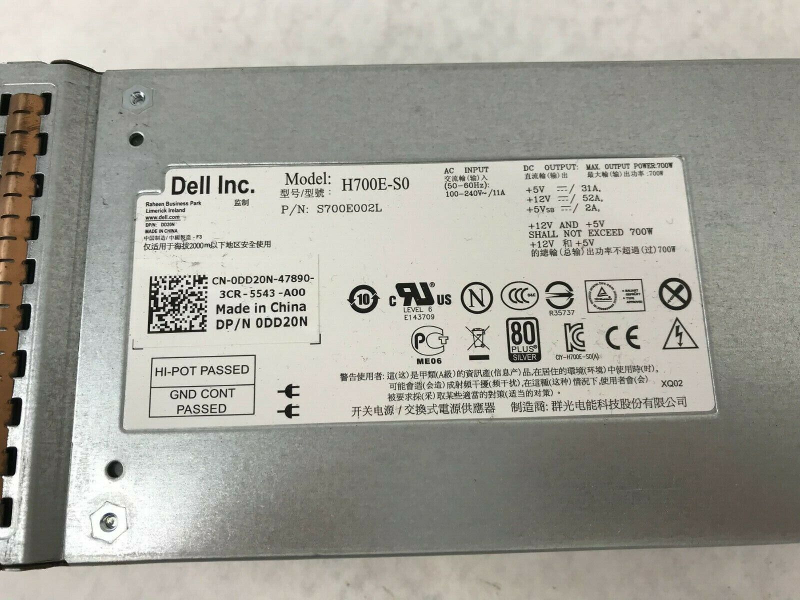 Genuine Dell 80+ Silver 700w Power Supply H700E-S0 DD20N - Tested
