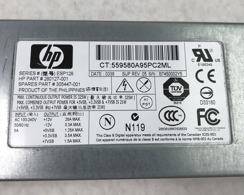 (Lot of 2) HP 280127-001 ProLiant DL360 G3 325W 60Hz 240V Power Supply PSU