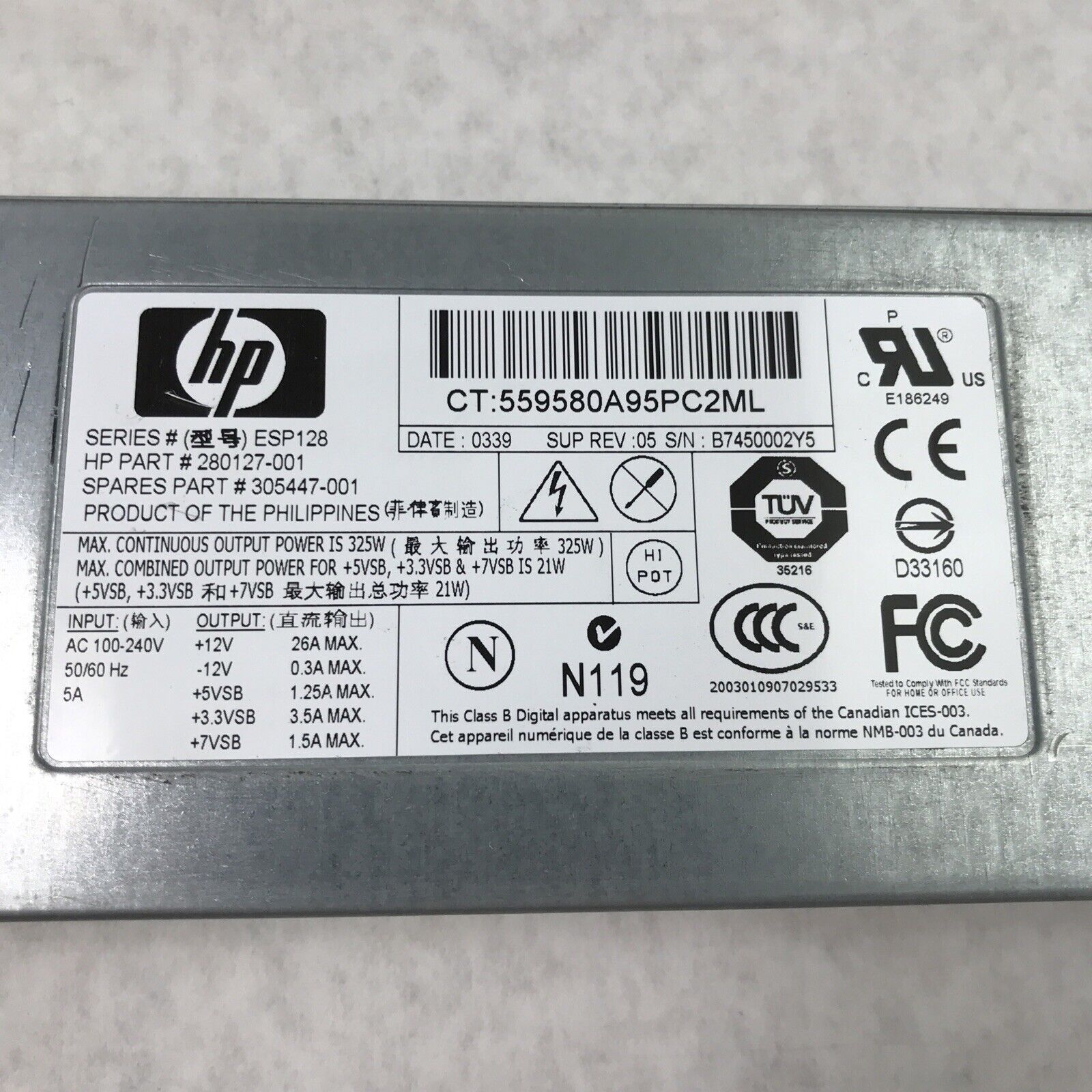 (Lot of 2) HP 280127-001 ProLiant DL360 G3 325W 60Hz 240V Power Supply PSU