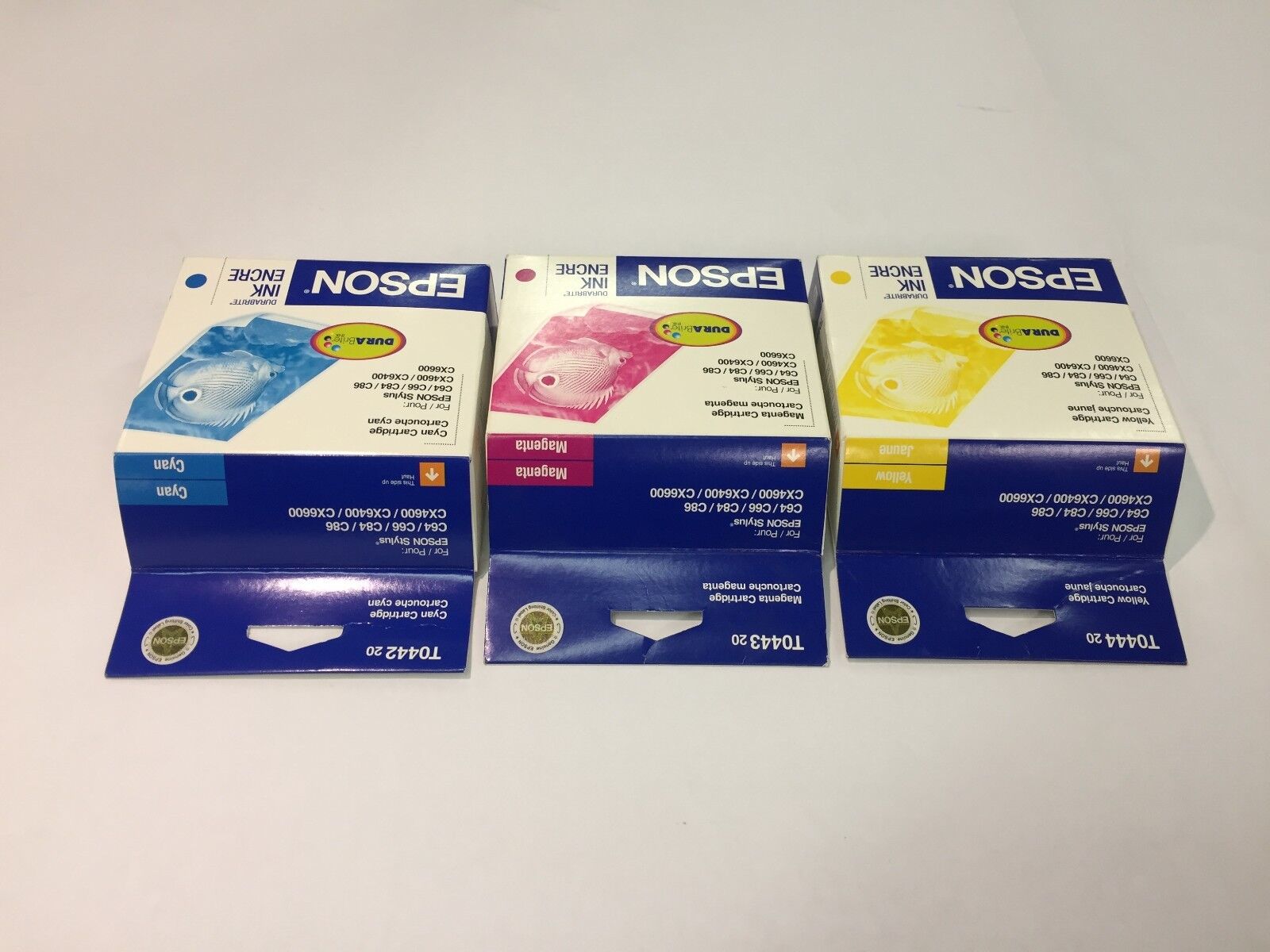 Epson T0442 Cyan, T0443 Magenta, T0444 Yellow (Lot of 3) NEW Factory Sealed