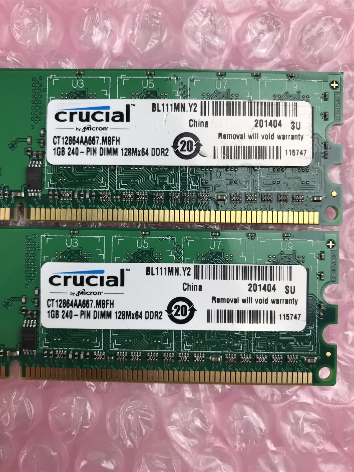 Lot of 2 Crucial 1GB 240 128Mx64 DDR2 DIMM CT12864AA667.M8FH