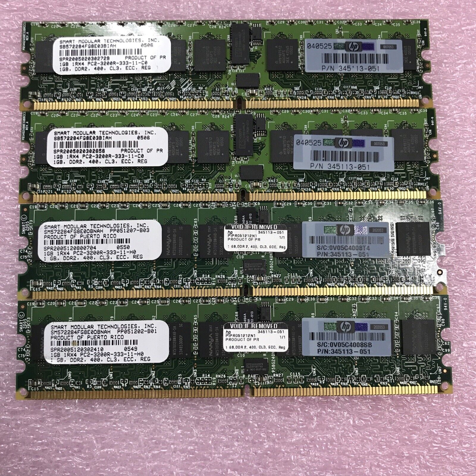 SMT 4GB Kit 4x1GB 1Rx4 PC2-31200R-333-11-H0 Server Ram DDR2 ECC 345113-01