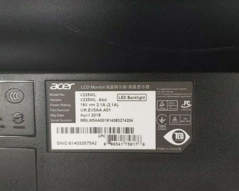 Acer V225WL 22" LCD LED Backlit Widescreen 1680x1050 16:10 5ms Monitor Grade B 2