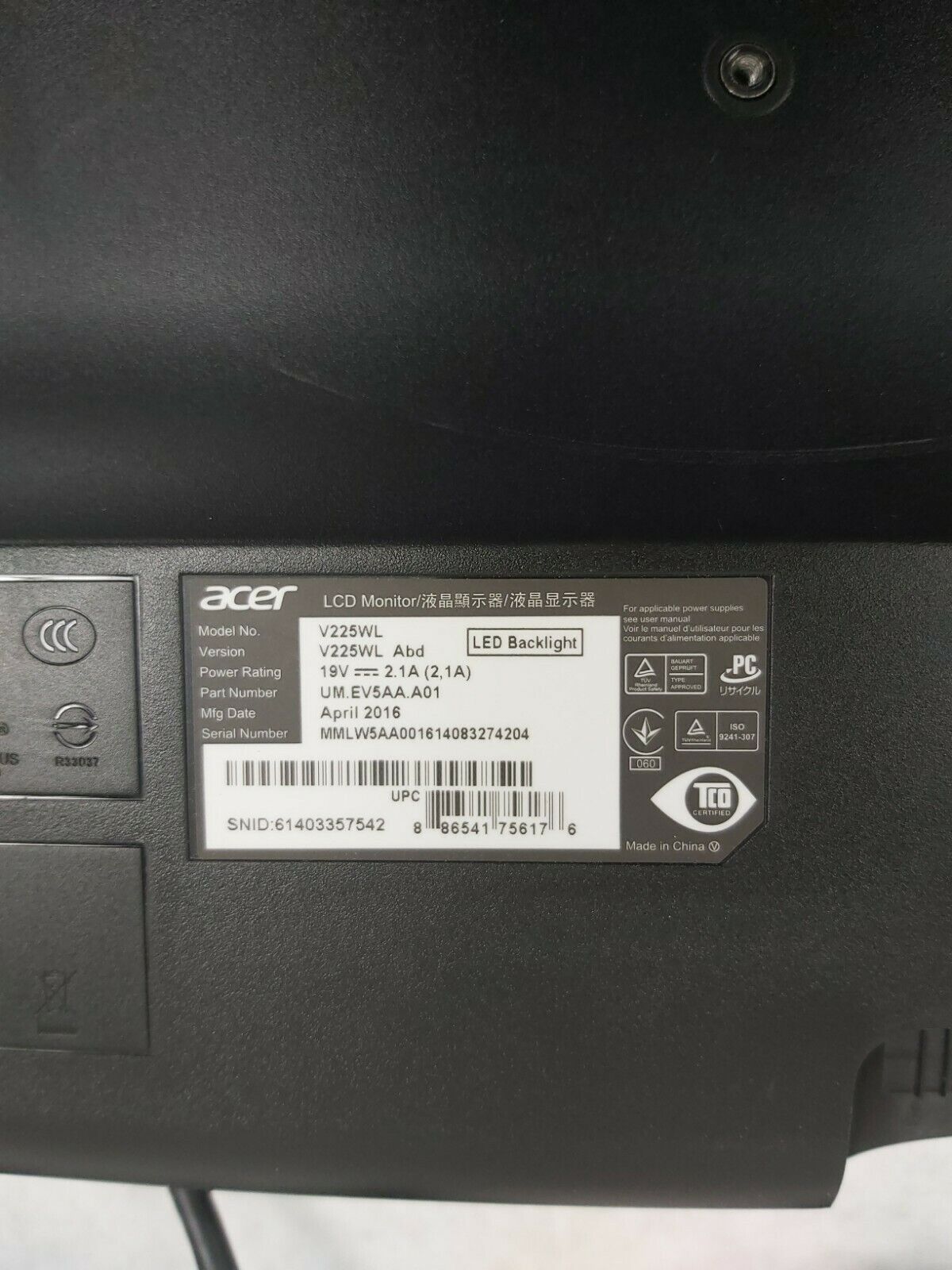 Acer V225WL 22" LCD LED Backlit Widescreen 1680x1050 16:10 5ms Monitor Grade B 2