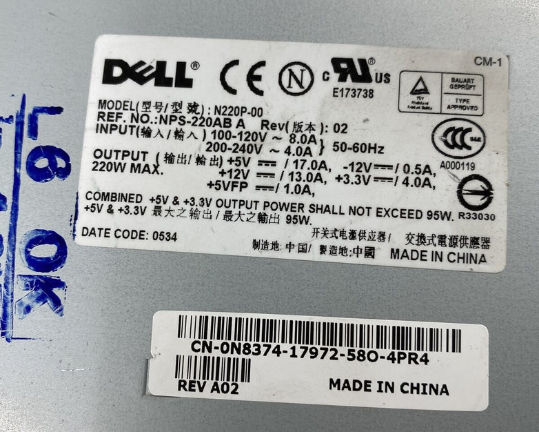 Dell 0N8374 220W Power Supply Optiplex GX520 GX620 0KC672 0MC638 0NC912 0M8803