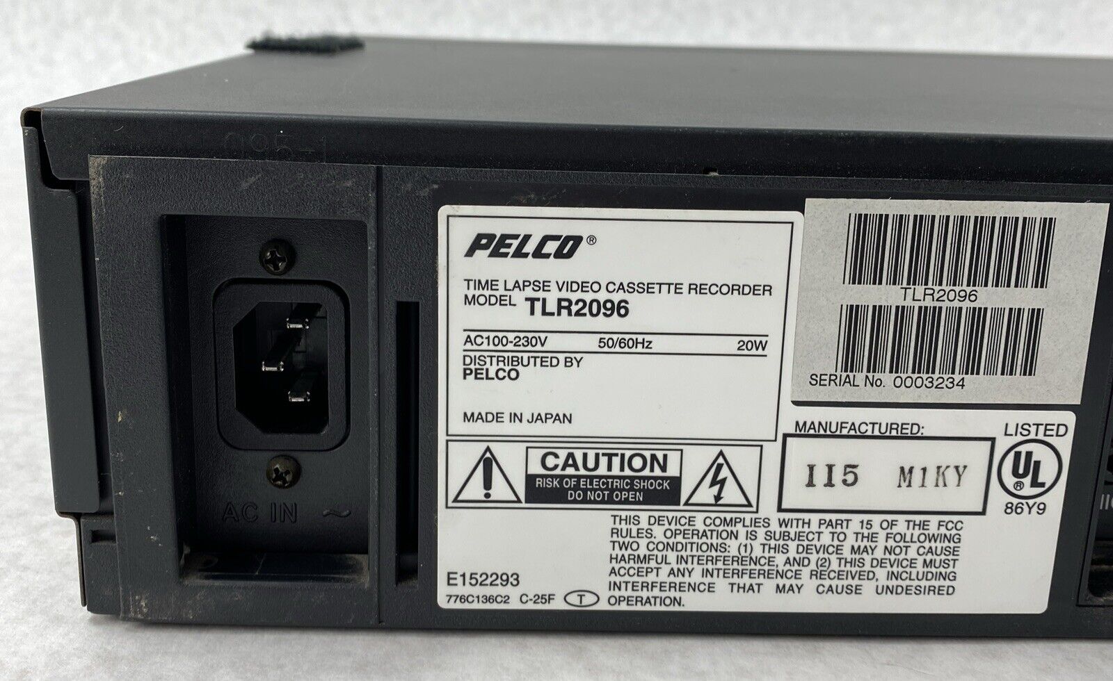 Pelco TLR2096 96H Time Lapse 4 Head BNC Video Recorder NO ACCESSORIES