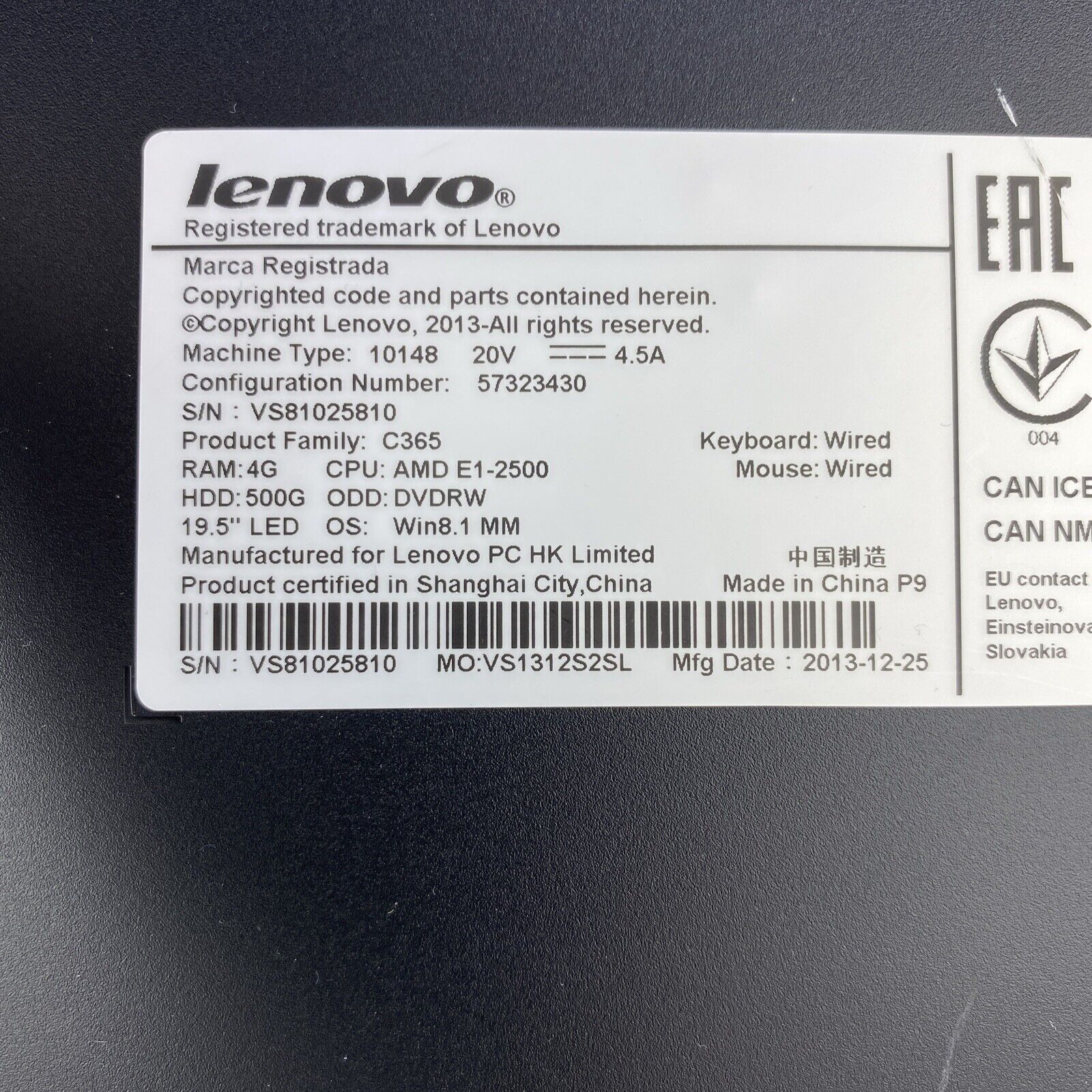 Lenovo C365 AIO 19.5" AMD E1-2500 1.40GHz 4GB No HDD No OS No AC Adapter