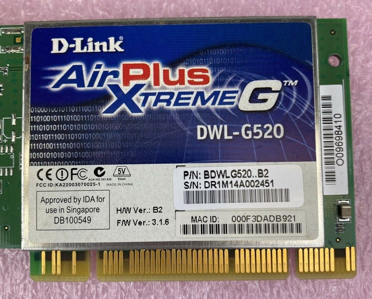 D-Link DWL-G520 AirPlus Xtreme G Wireless LAN Adapter 108Mbps 802.11g 2.4GHz WEP