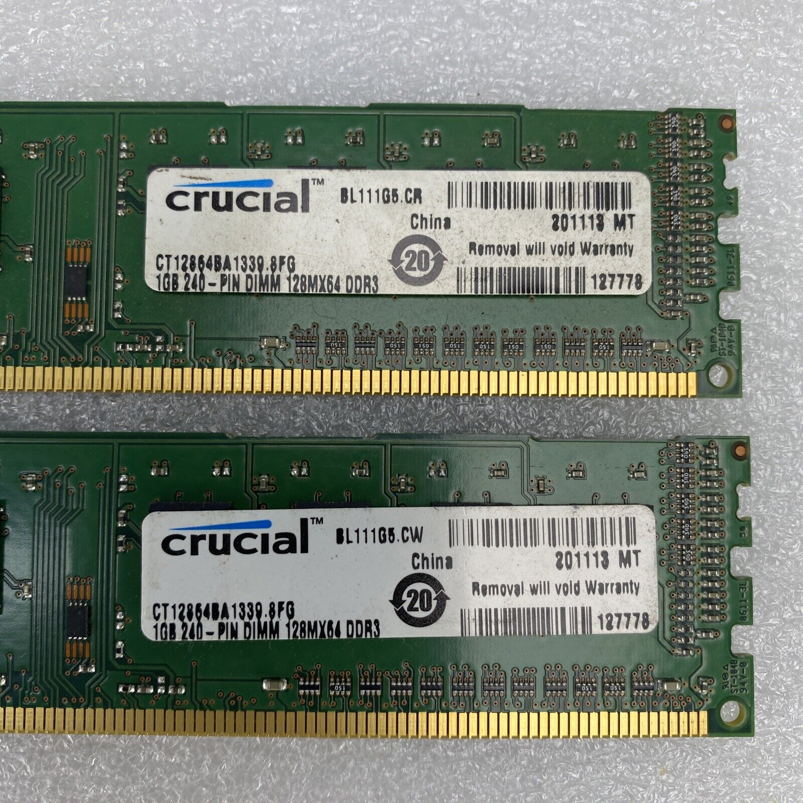 Lot( 2 ) 1GB Micron MT8JTF12864AZ-1G4G1 DDR3-1333 PC3-10600 Desktop Memory RAM